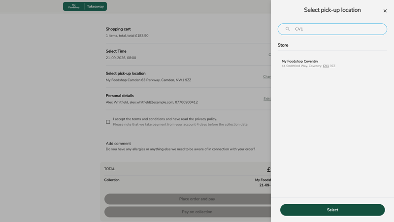 Store selector showing chain locations searchable by postal code