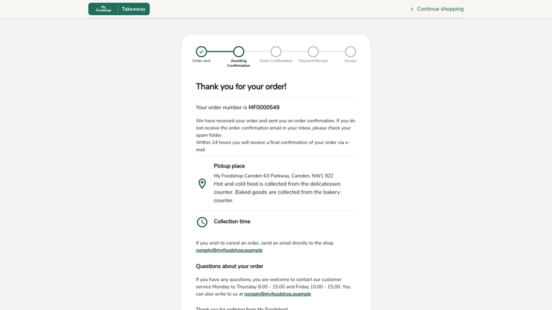 Order confirmation page with status timeline and pickup details