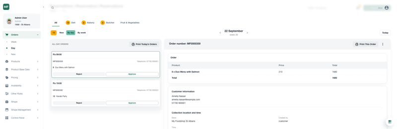 Daily order view with print options for production planning