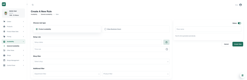 Pickup rules configuration screen with date and capacity settings
