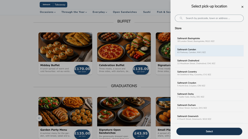Store picker open over the catalogue, listing branches by address