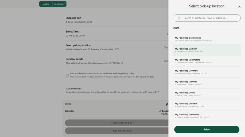 Store selector showing available pickup locations