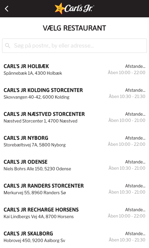 Carl's Jr. shop: restaurant list with distance and opening hours