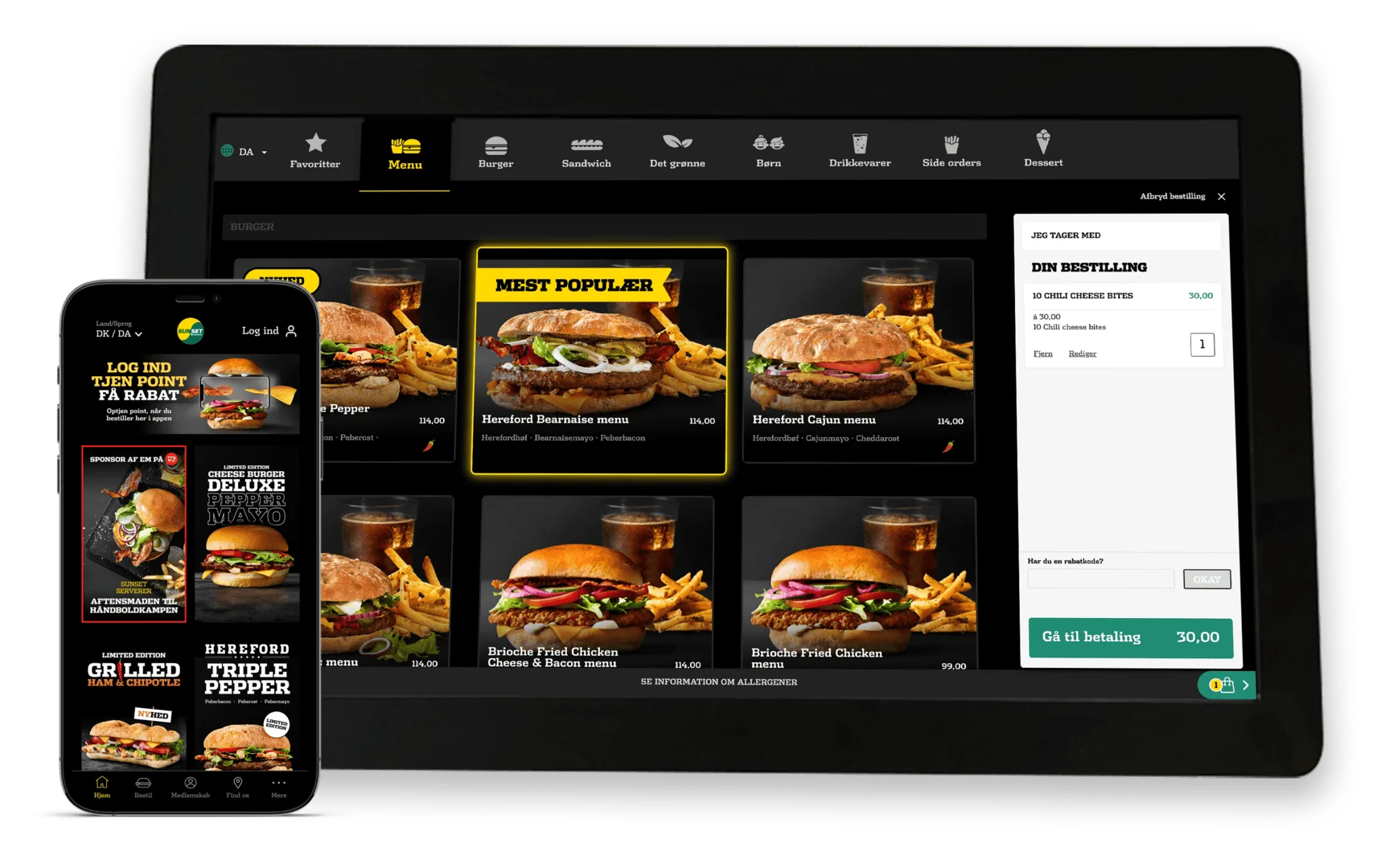 Sunset Boulevard ordering on the app and the in-restaurant kiosk