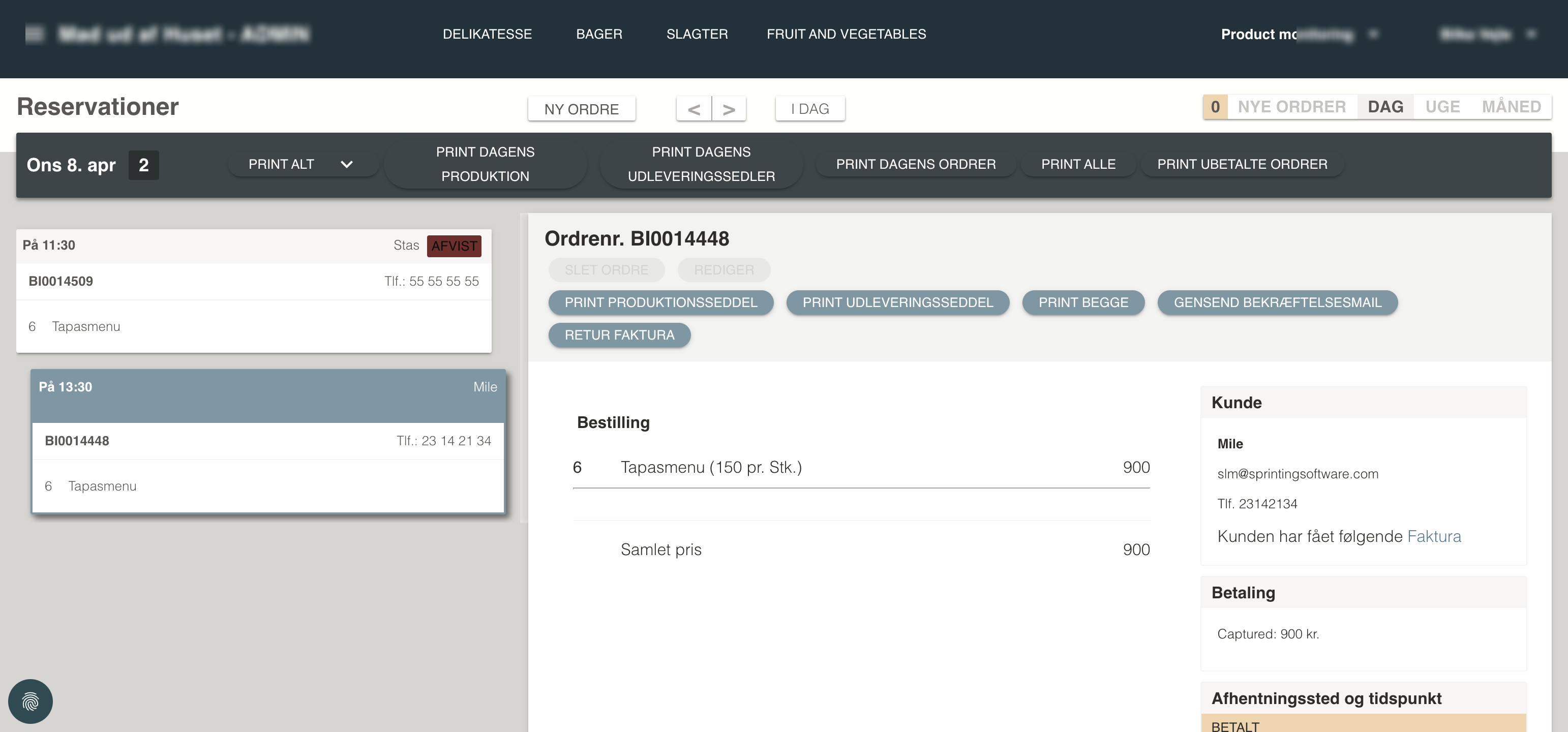 Order detail showing customer info, payment status, and order history