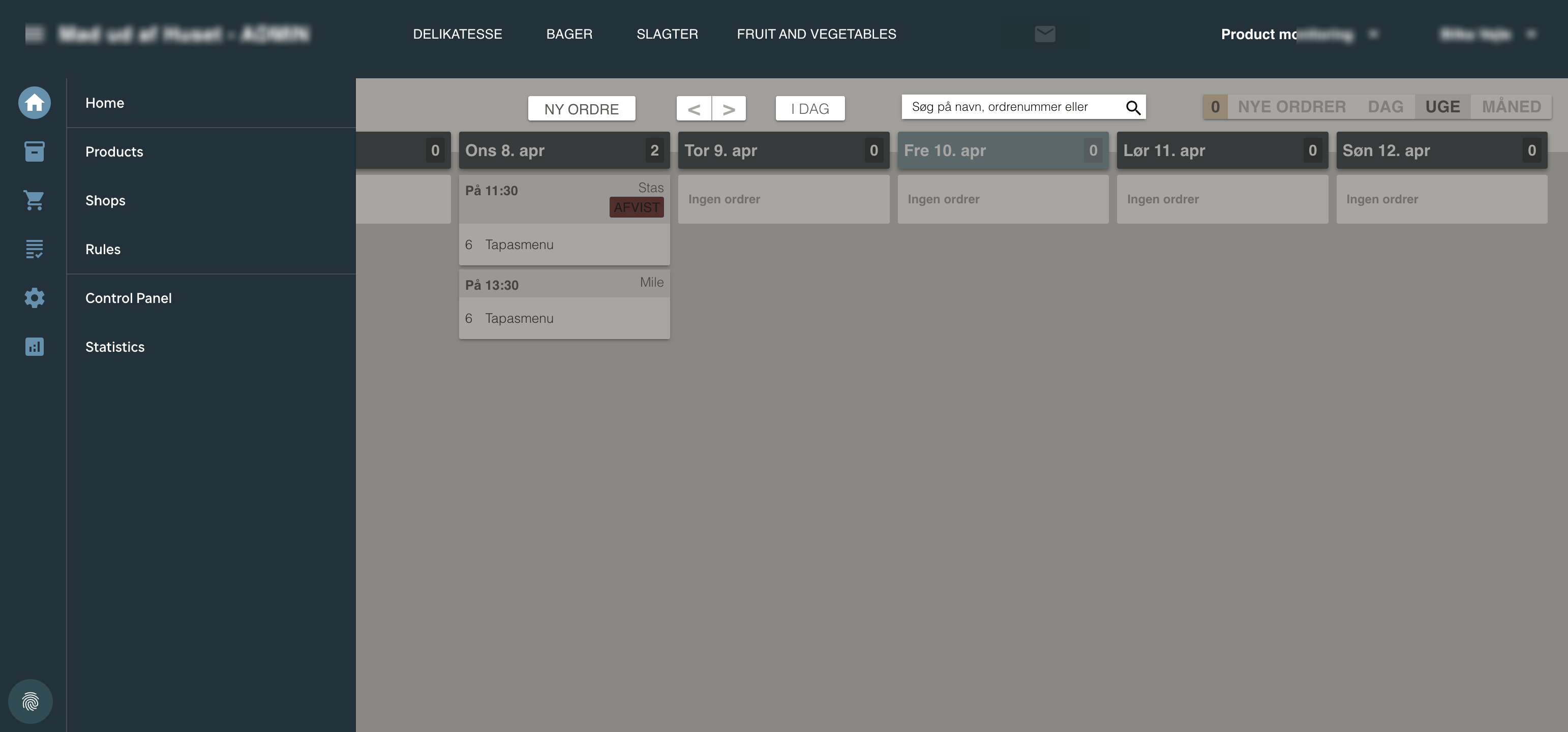 Admin order calendar showing weekly view with orders