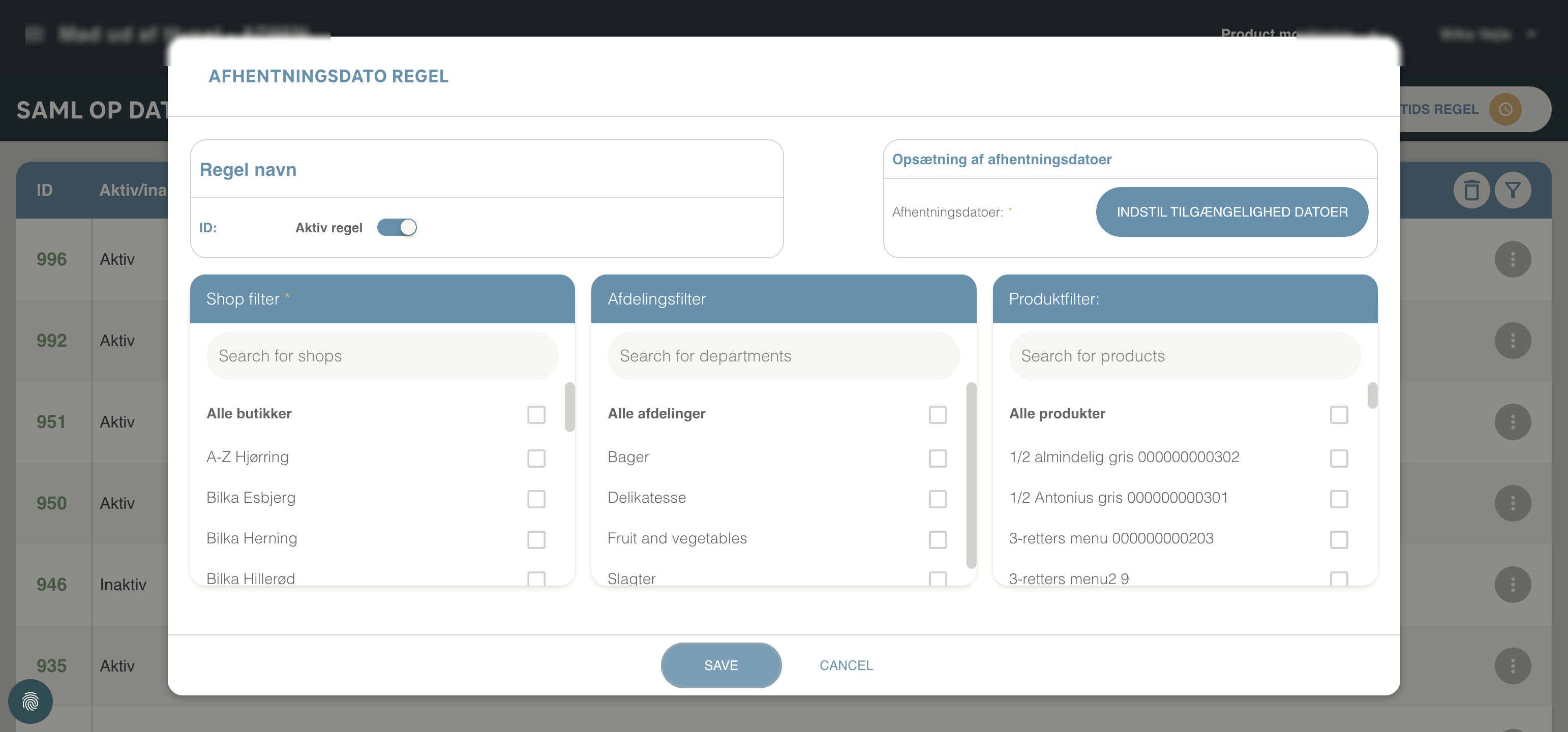 Rule creation modal showing date picker, shop filter, and product filter